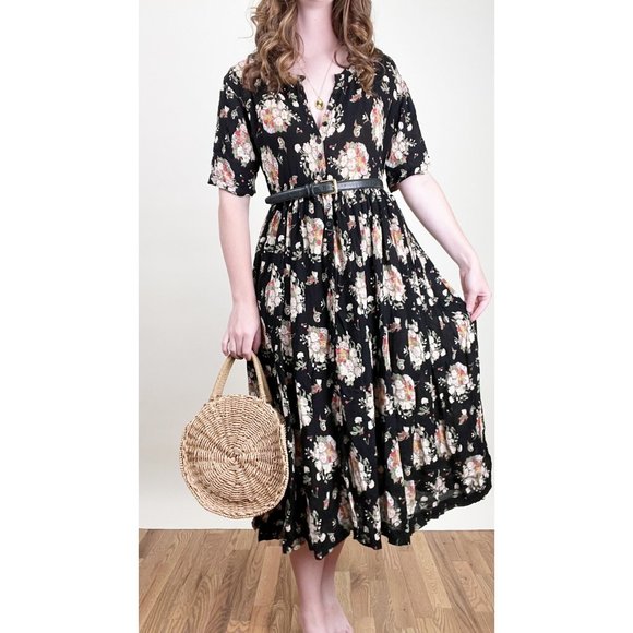 Vintage Flowy Button Up Midi Dress Floral Pleated Cottagecore Preppy Hippie Boho - Picture 8 of 8